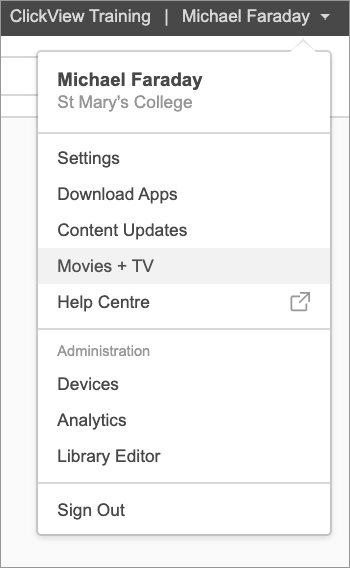 Movies + TV dropdown